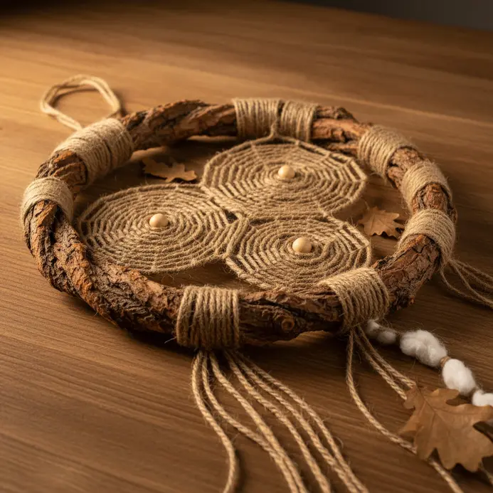 A dreamcatcher with a natural willow branch hoop, wrapped in jute and adorned with wooden beads.