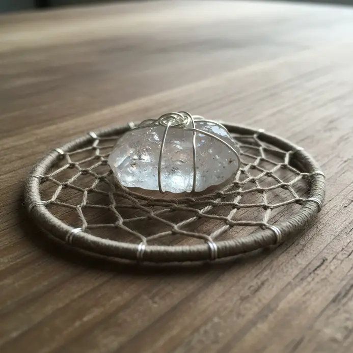 A nature-inspired dreamcatcher featuring a large, raw clear quartz crystal wired to the center of the web.