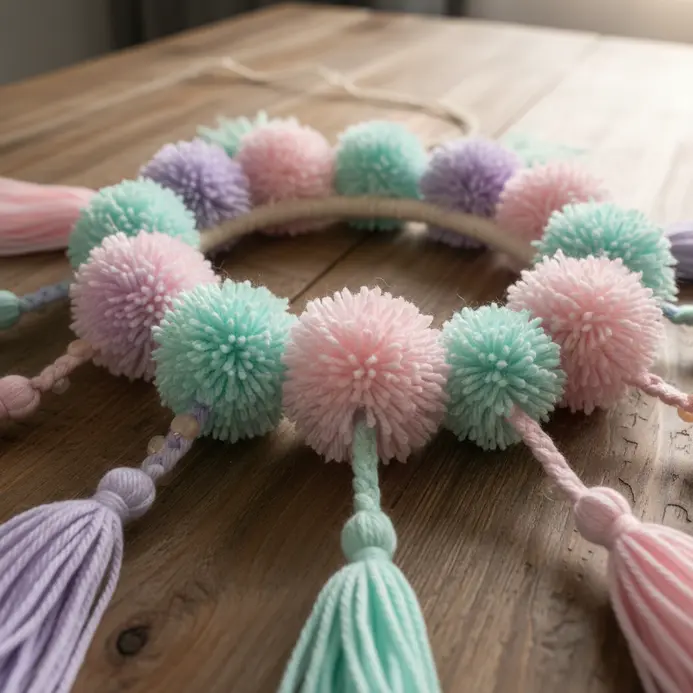 A colorful dreamcatcher with a simple web and clusters of handmade pastel yarn pom-poms dangling below.