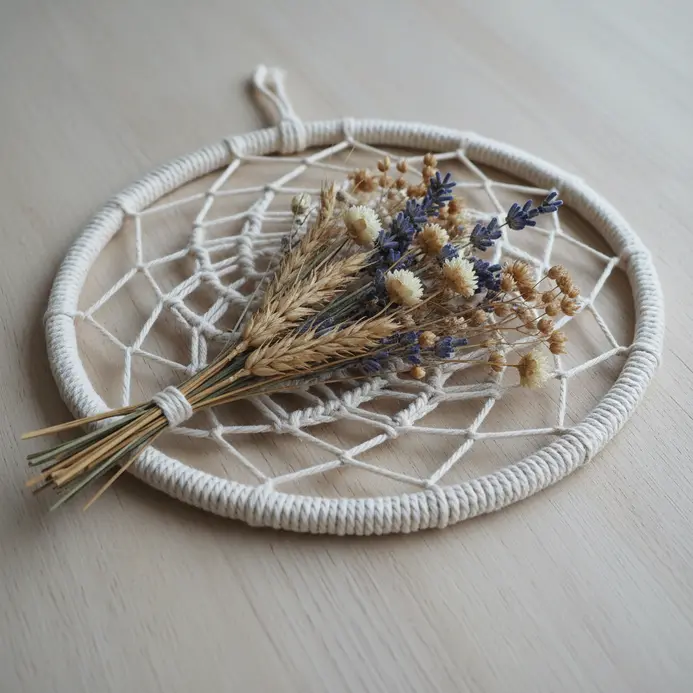 A rustic dreamcatcher with a detailed macrame center knot and dried lavender and baby's breath woven into the design.