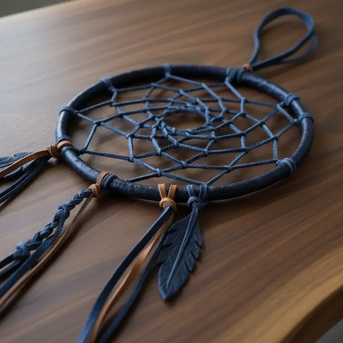 A textured dreamcatcher with a web woven from wide strips of indigo-dyed leather on a wooden hoop.
