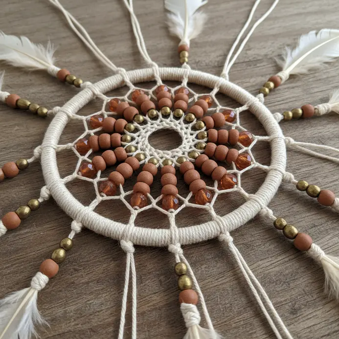 A detailed dreamcatcher featuring a central sunburst motif made entirely from small glass and wooden beads.