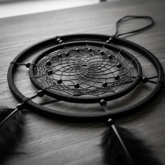 A modern dreamcatcher in shades of black, using black thread, matte beads, and black feathers.