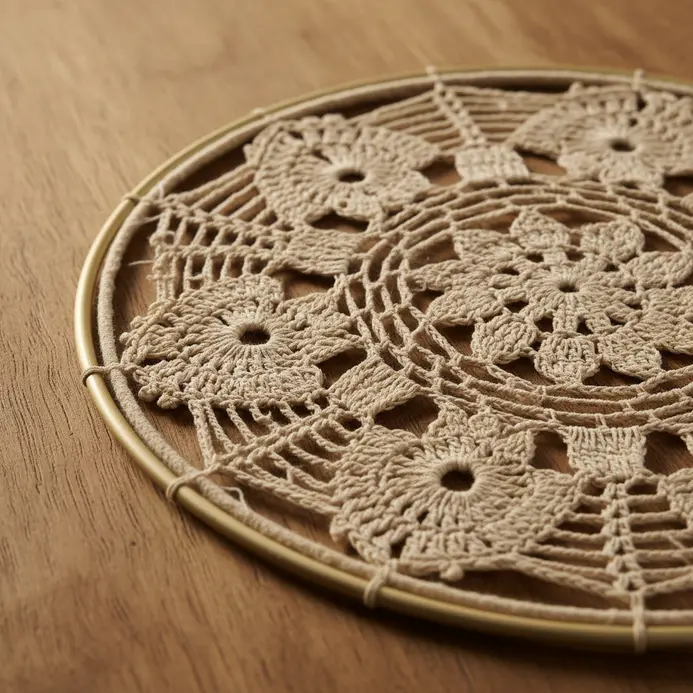 An upcycled dreamcatcher created by securing an intricate vintage white crochet doily inside an embroidery hoop.