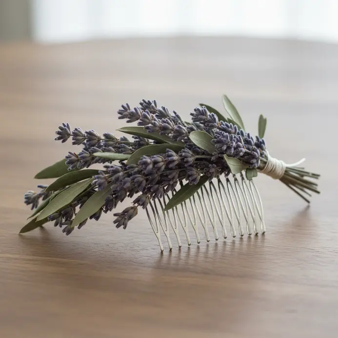 A silver hair comb holding a cluster of dried lavender stems with purple buds.