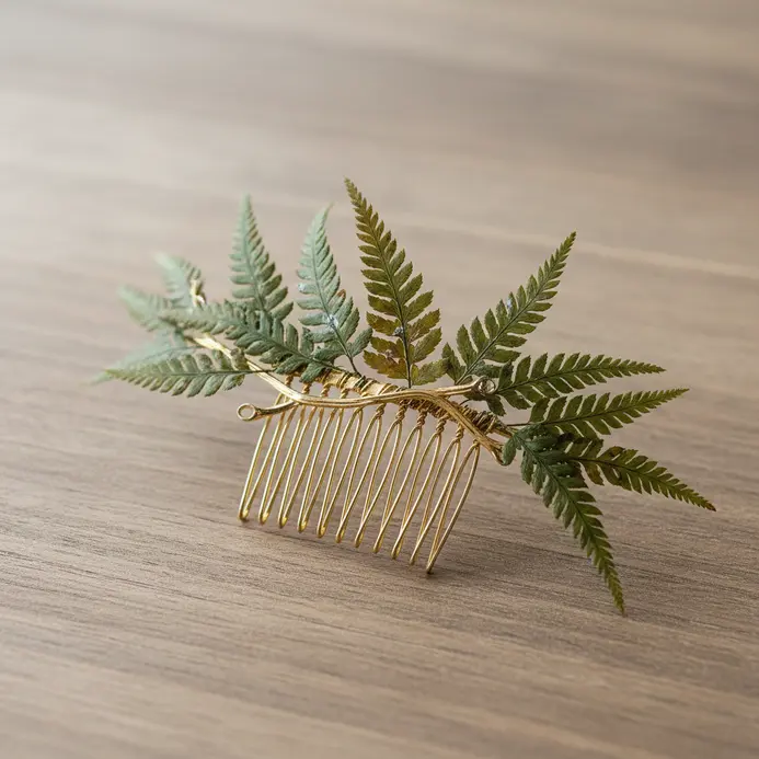 A slender gold hair comb with several delicate, preserved fern leaves attached.