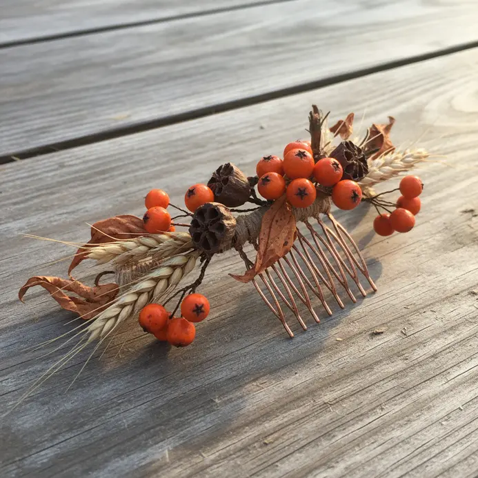 A rustic hair comb featuring dried orange berries, oak leaves, and wheat stems.