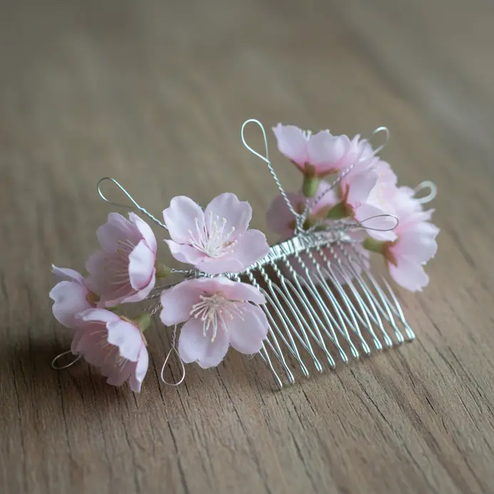 A silver hair comb with several small clusters of pale pink silk cherry blossoms.
