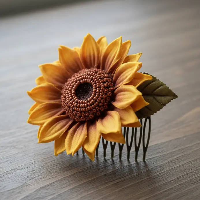 A wide, sturdy hair comb holding a single large mustard yellow silk sunflower.