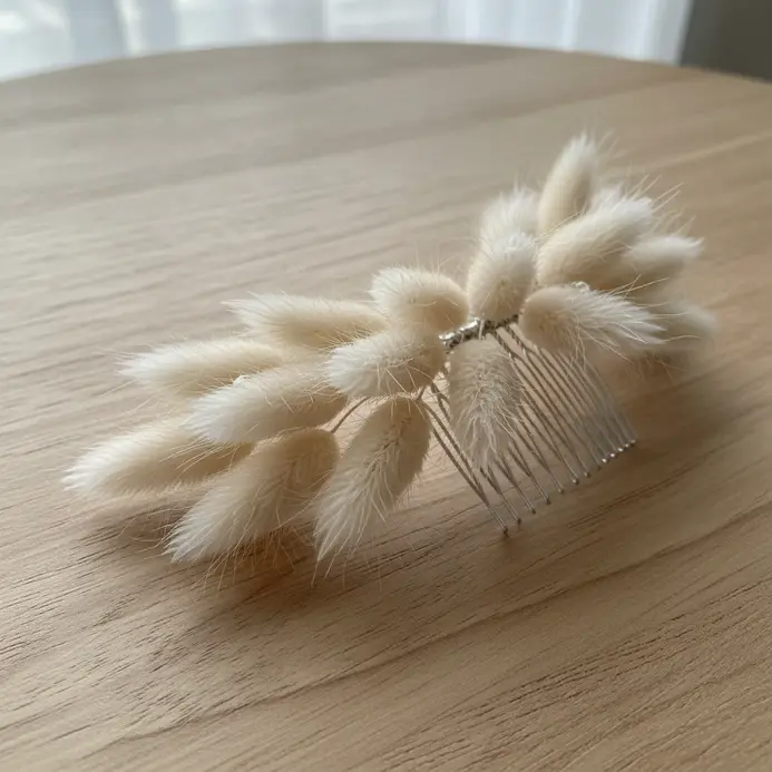 A simple hair comb holding a few stems of dried, soft white bunny tail grass.