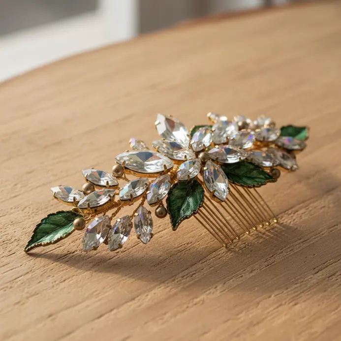 A hair comb featuring green leaves with small crystal accents and tiny white flowers.