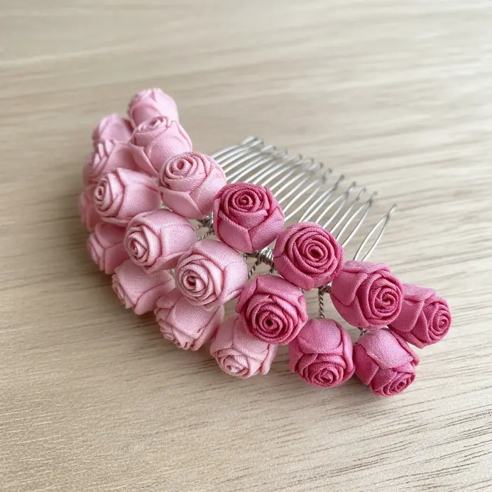 A hair comb holding several silk rose buds in shades from light to dark pink.