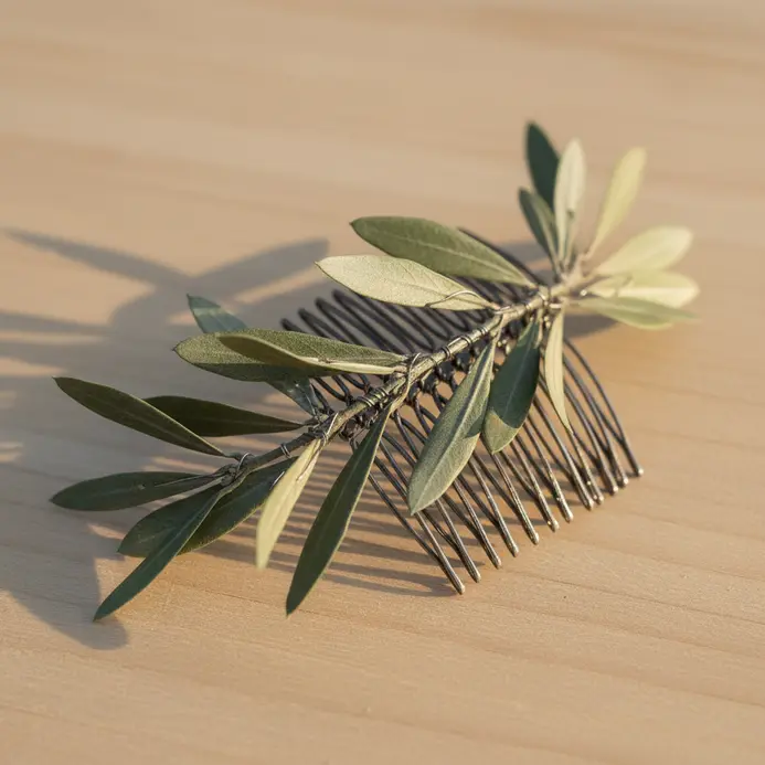 A silver hair comb with a delicate arrangement of faux olive branches with green leaves.