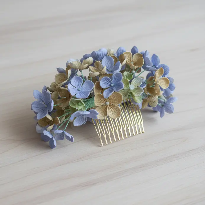 A gold hair comb holding a small, dense cluster of pale blue silk hydrangea florets.