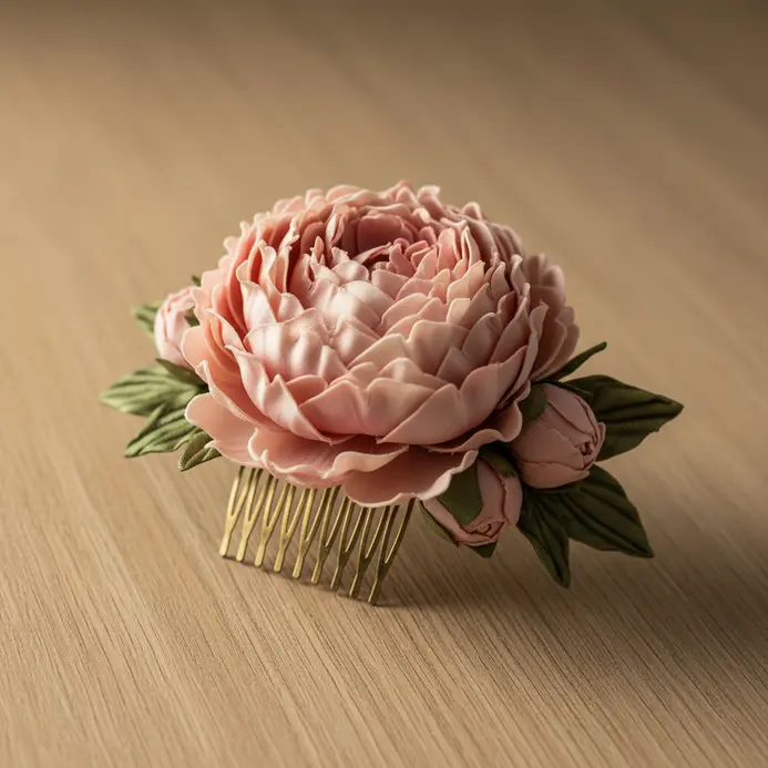 A gold metal hair comb with a soft pink silk peony bloom and green leaves.
