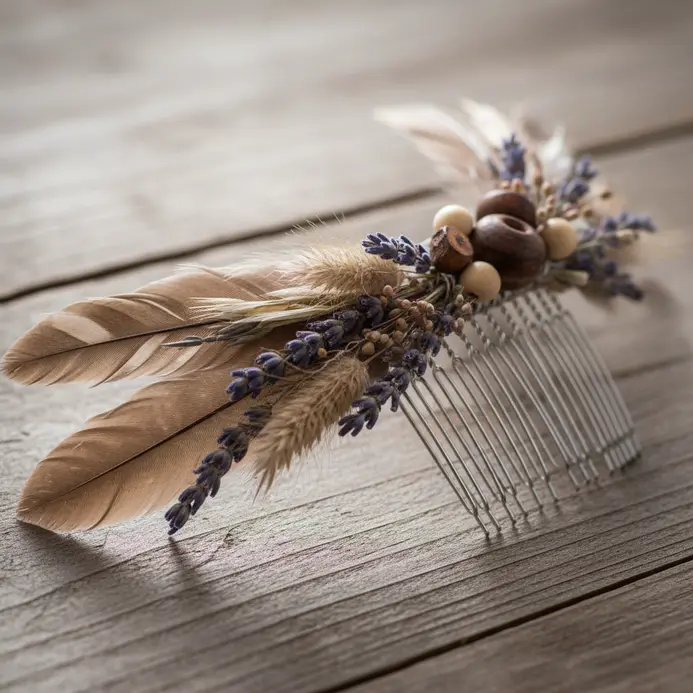 A large statement hair comb with natural feathers, dried lavender, and wooden beads.