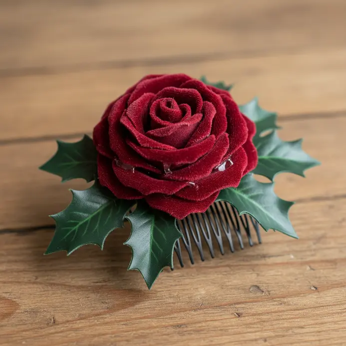 A deep burgundy velvet rose with dark green holly leaves on a black hair comb.