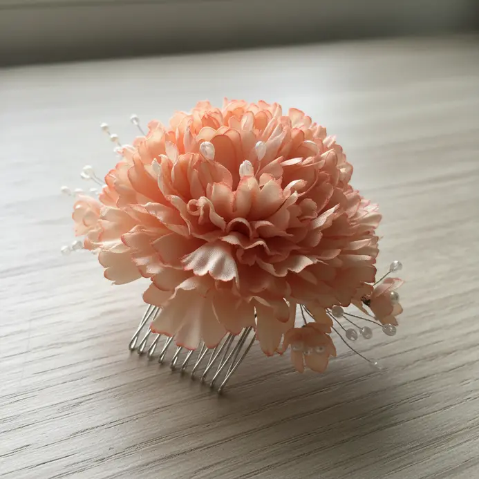 A soft peach-colored silk carnation bloom with white baby breath on a silver comb.