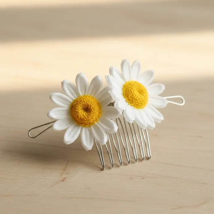A thin silver hair comb holding two or three white silk daisies with yellow centers.