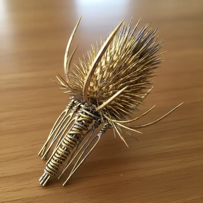 A hair comb featuring a dried thistle flower that has been painted with metallic gold.