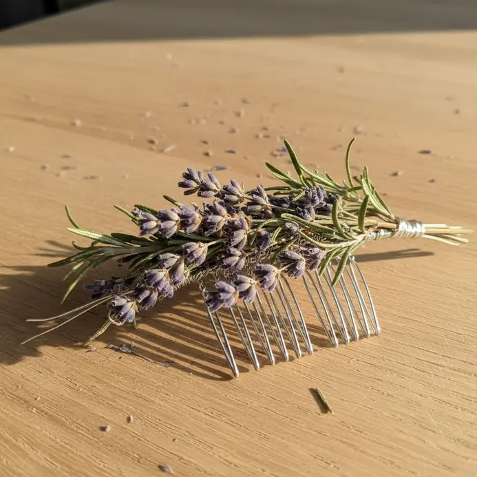 A hair comb holding a bundle of dried lavender, rosemary sprigs, and other fragrant herbs.