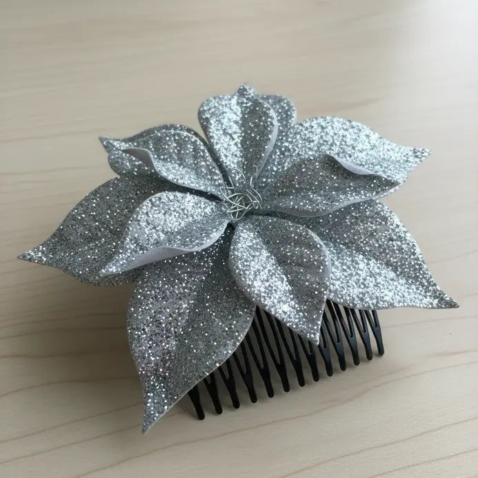 A black hair comb holding a large red poinsettia flower made from silver-glittered fabric.
