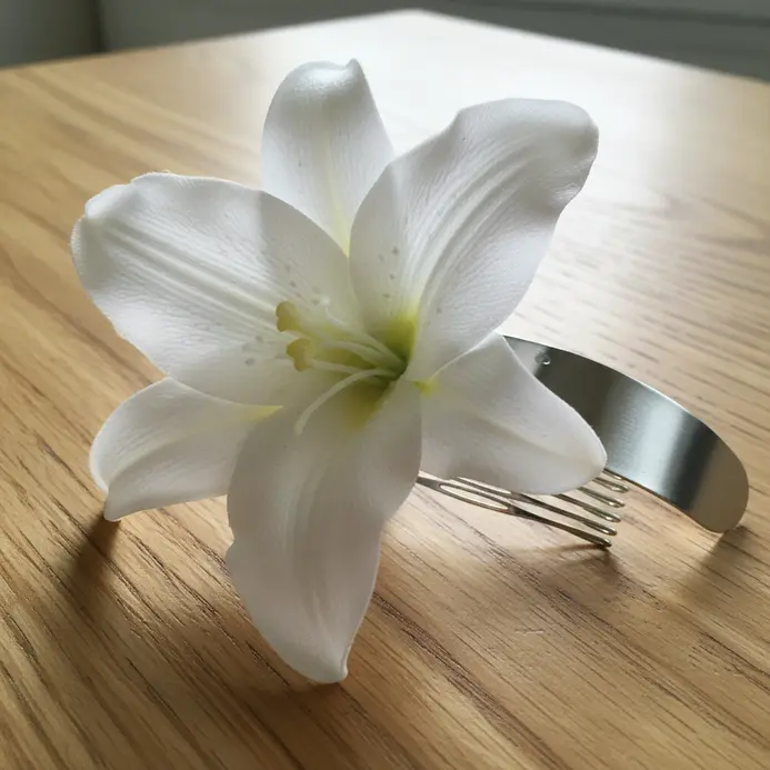 A silver hair comb with a single, graceful white silk calla lily bloom.