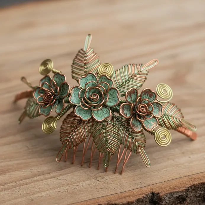 A hair comb where the flowers and leaves are formed from intricately coiled copper wire.