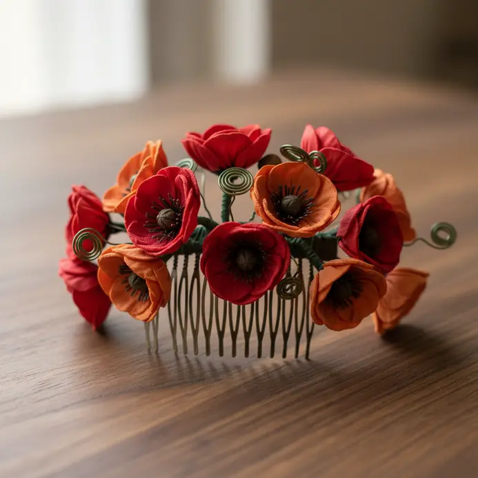 A wide festival hair comb holding several vibrant red and orange silk poppy flowers.