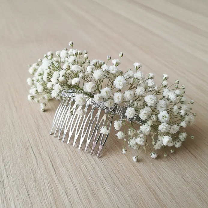 A clear or silver hair comb densely packed with white baby breath florets.