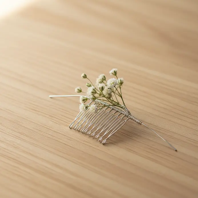 A very thin silver hair comb holding just one small, delicate stem of baby breath flowers.
