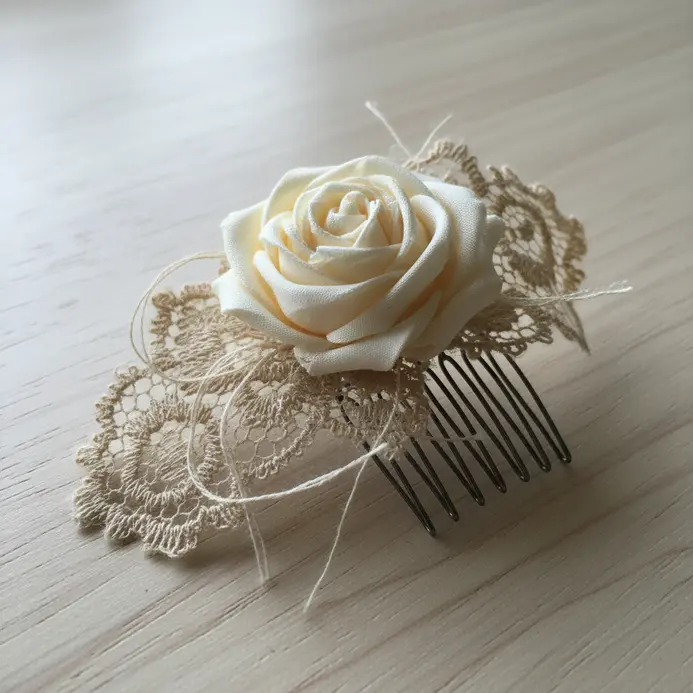 A hair comb with a cream-colored fabric rose nestled against a piece of antique lace.