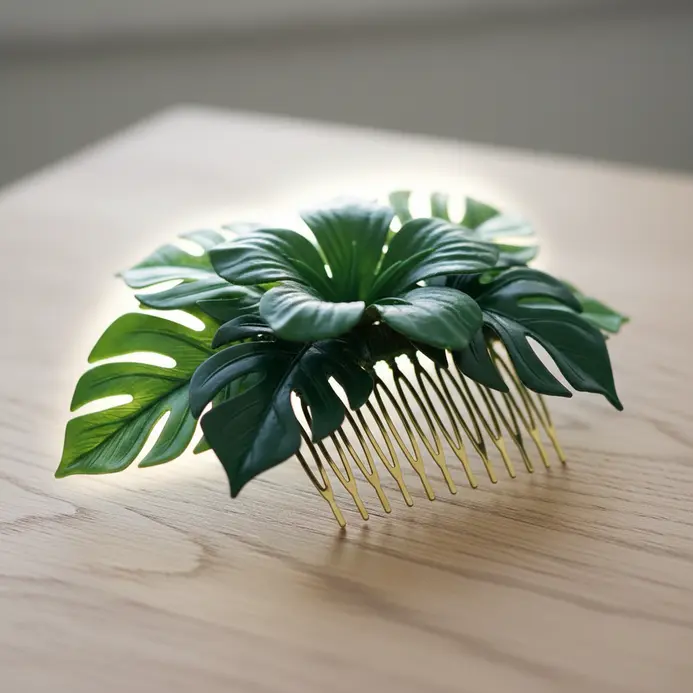 A wide hair comb decorated with several large, dark green artificial hibiscus leaves.