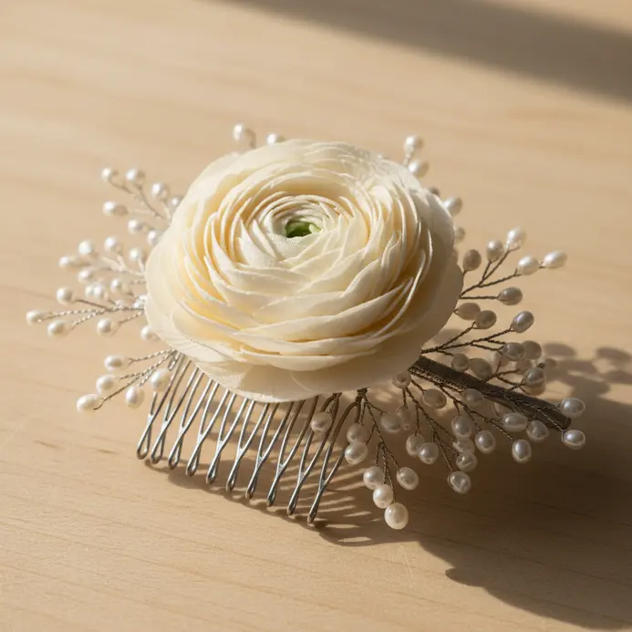 A cream-colored silk ranunculus flower on a comb, surrounded by small white pearl beads.