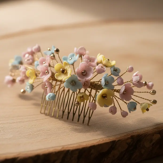 A gold hair comb holding a small bouquet of pastel pink, blue, and yellow silk wildflowers.