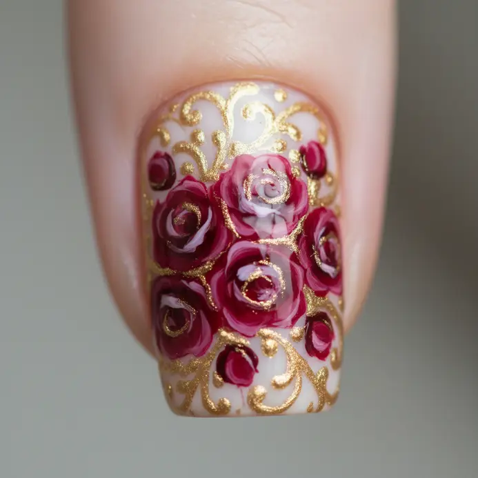 A cluster of dark red roses with painted metallic accents to mimic an antique brooch.