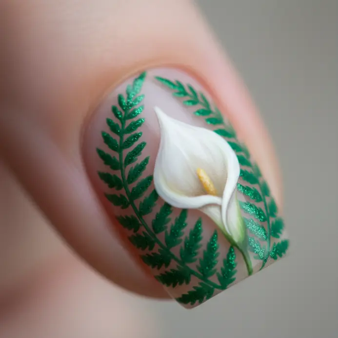 A composition of green painted fern leaves next to a single elegant white calla lily.