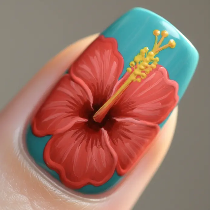 A single large, bright red hibiscus flower with a yellow stamen painted on a teal accent nail.