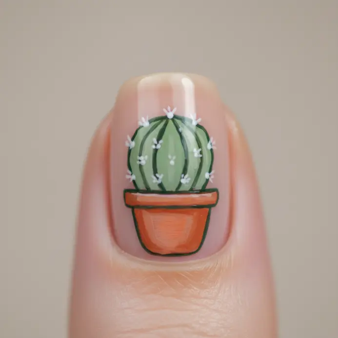 A simple illustration of a green cactus in a small brown terracotta pot on a neutral nail.