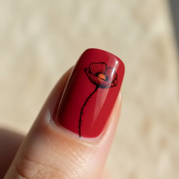 A delicate black line drawing of a poppy flower with a long, slender stem on a red nail.