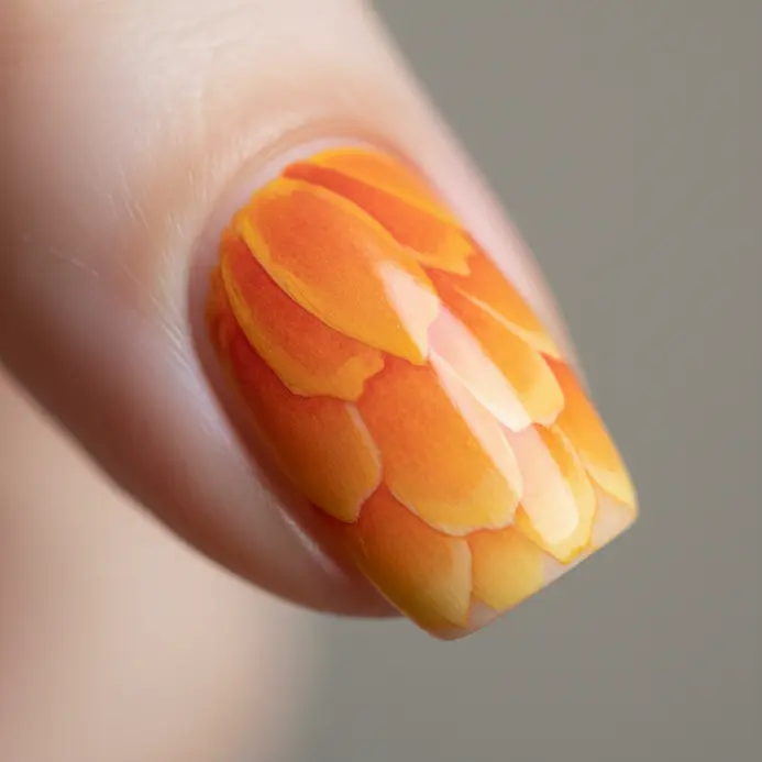 Marigold petals painted with a gradient blending from bright orange to soft yellow.
