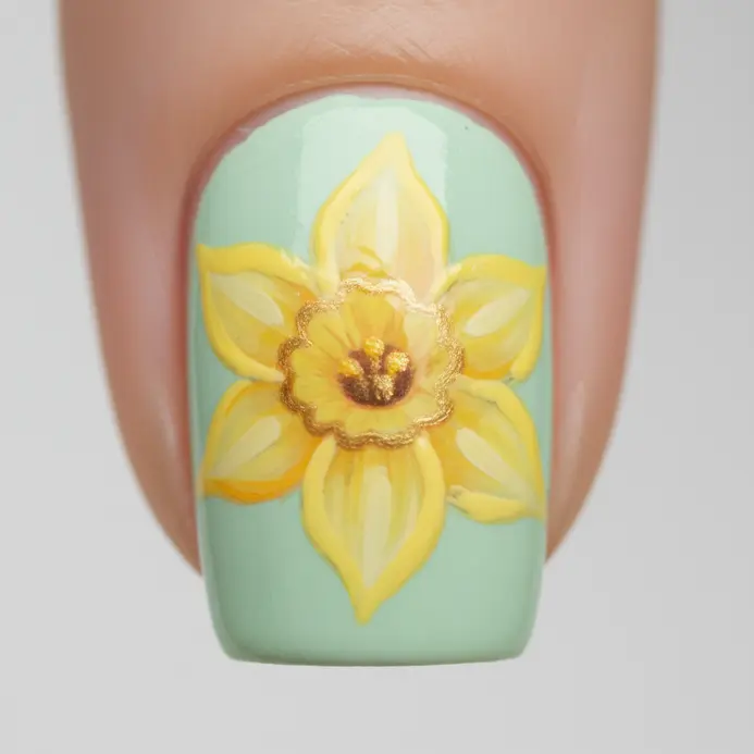 A sunny yellow daffodil with a distinct trumpet center painted on a light green base.