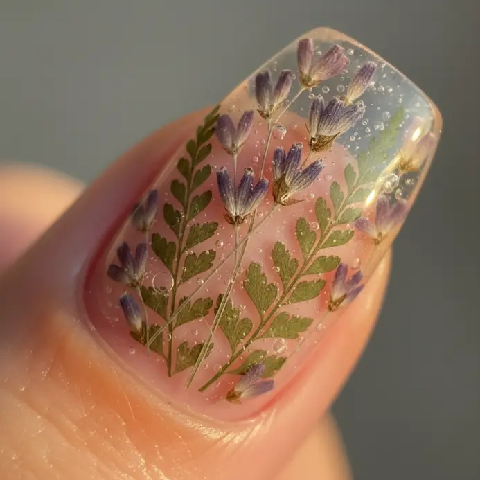 A collage of various tiny dried flower petals and fern leaves arranged under clear top coat.