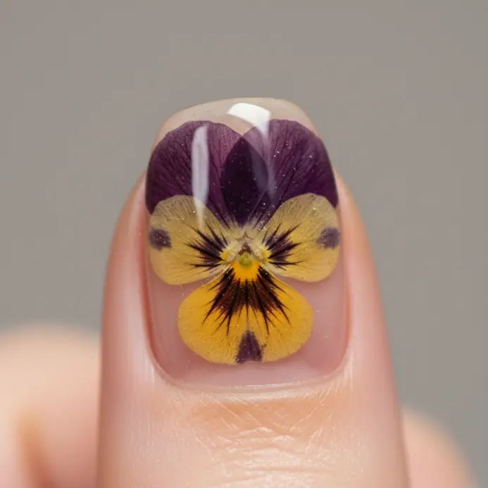 A dried purple and yellow pansy flower encapsulated under a glossy gel top coat on a nude nail.