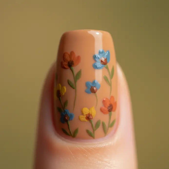 A boho-inspired mix of small painted wildflowers in various colors scattered across the nail.