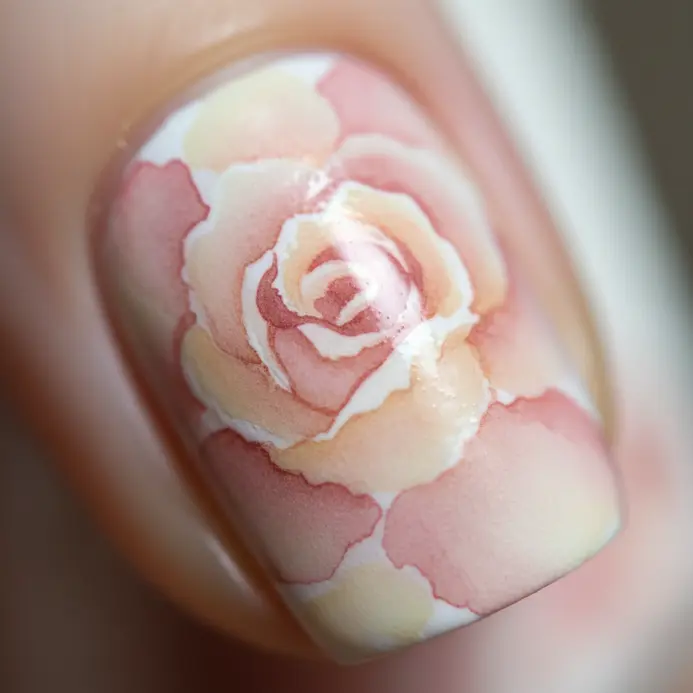 Soft pink and white rose petals painted with a blended, watercolor effect on a white base.