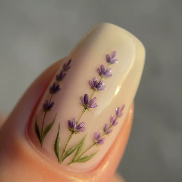 Delicate line work forming slender lavender stems and small purple flower buds on a pale background.