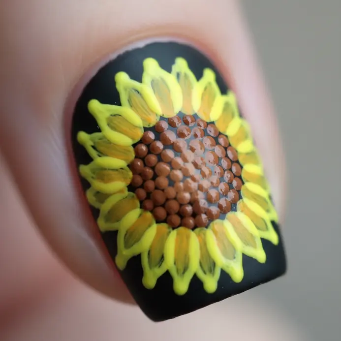 A vibrant sunflower with a brown center created using a dotting tool on a black nail.