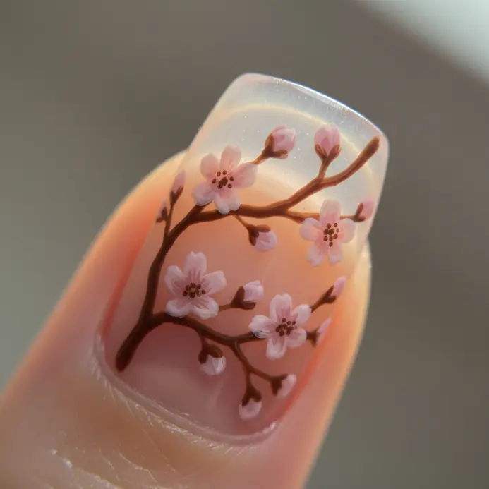 A branch with delicate pink cherry blossoms painted along the bare, natural tip of the nail.