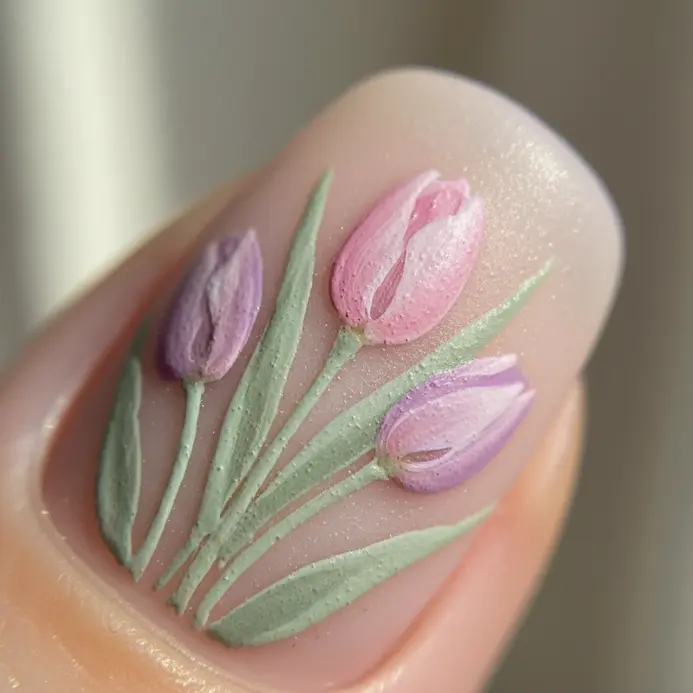 A small cluster of pastel pink and lavender tulip buds painted with a matte top coat.